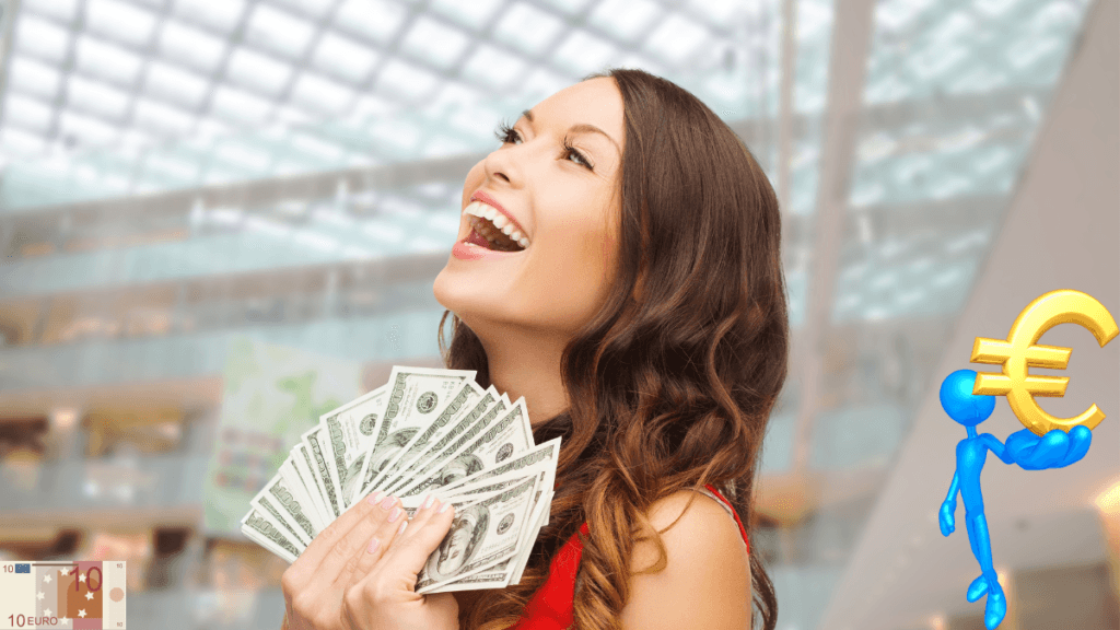 Uma mulher sorridente segurando notas de dólar, com um ambiente de shopping ao fundo e ícones de euro e dinheiro ilustrando sucesso financeiro.