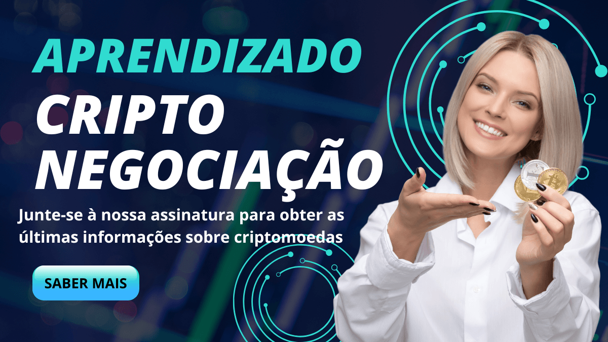 Mulher sorrindo, segurando moedas de criptomoeda, com o texto "Aprendizado Cripto Negociação" sobre um fundo tecnológico com padrões digitais.