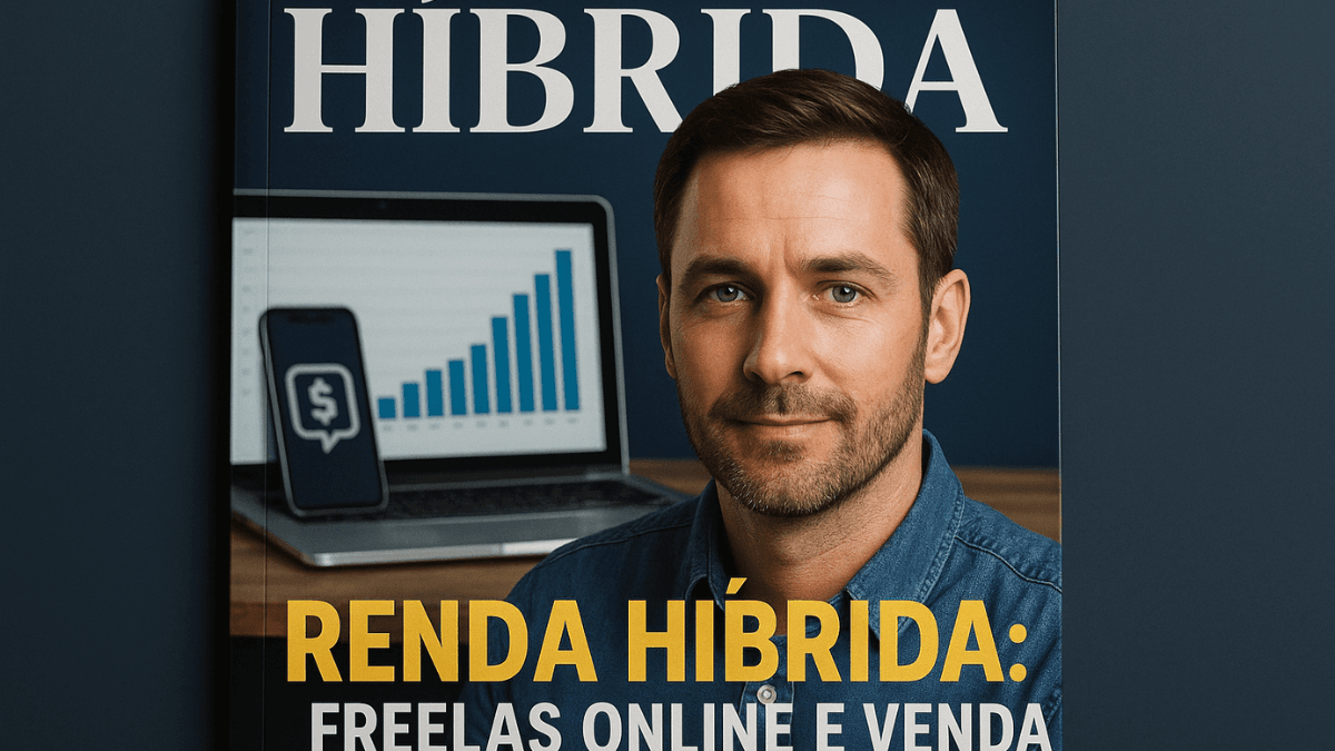 Jovem trabalhando em laptop com gráficos digitais representando renda híbrida