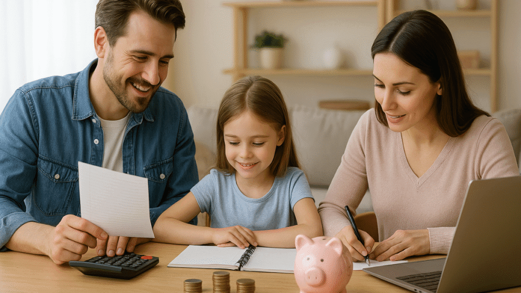 Família reunida em casa planejando como economizar dinheiro rápido com anotações, laptop e cofrinho.