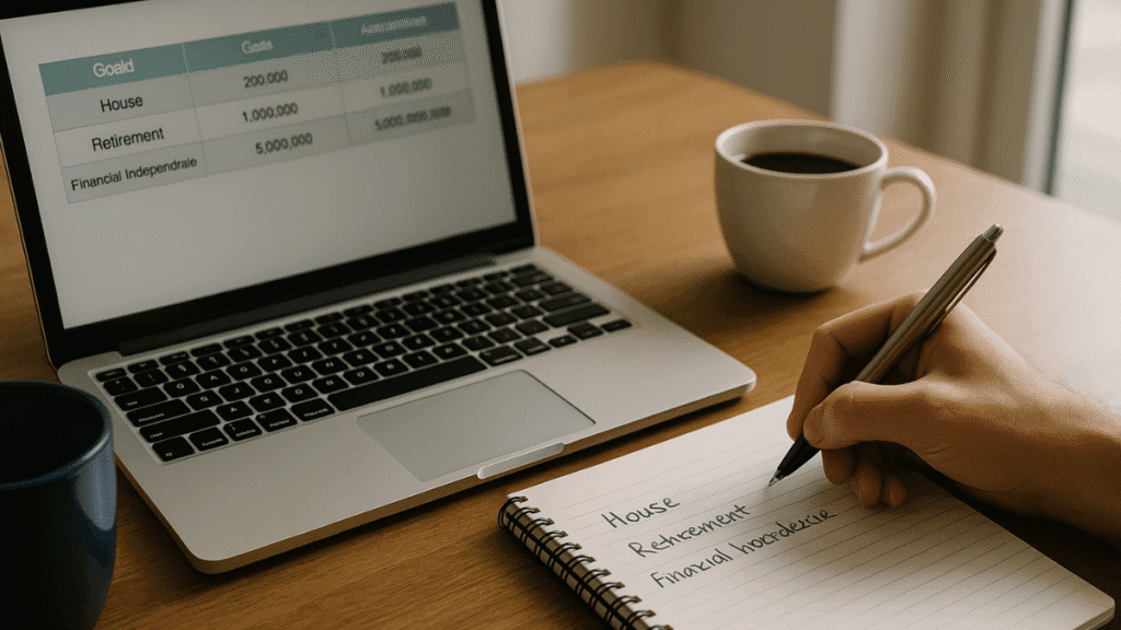 Pessoa escrevendo metas financeiras em caderno ao lado de laptop com planilha de objetivos