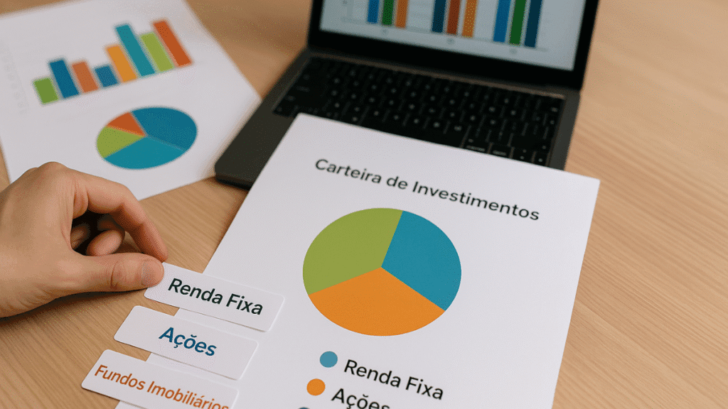 Carteira de investimentos diversificada com renda fixa, ações e fundos imobiliários
