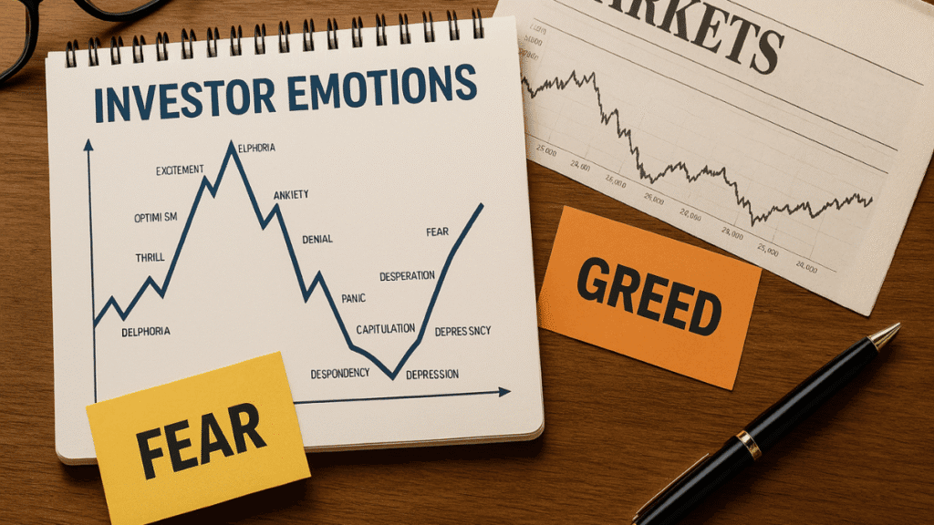 Gráfico das emoções do investidor mostrando medo e ganância em ciclos de mercado