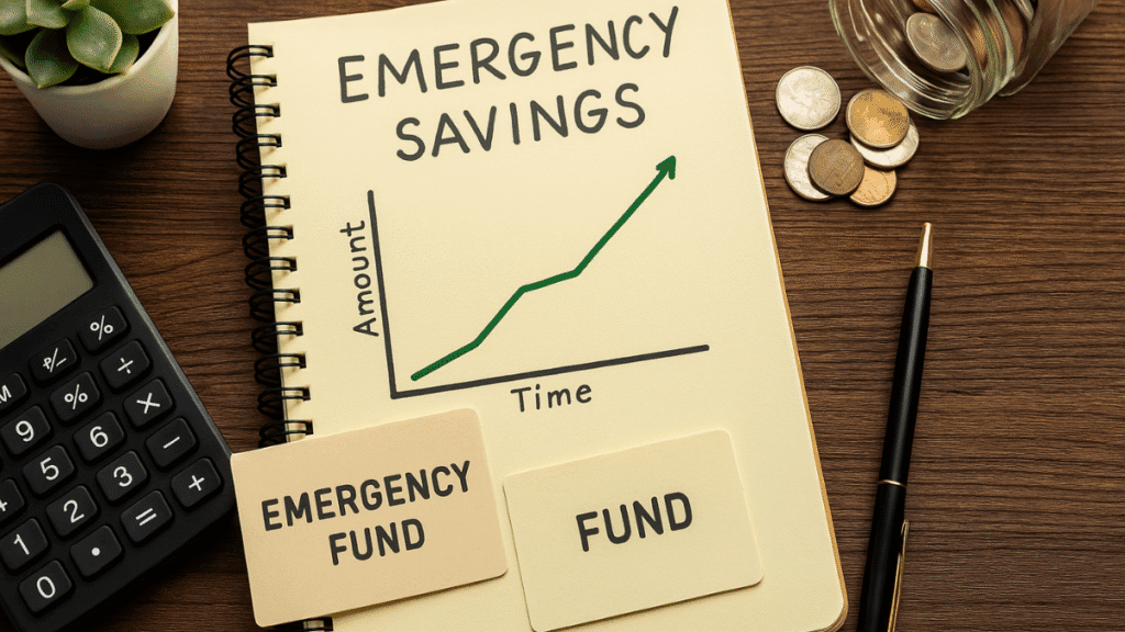 Caderno com gráfico de poupança de emergência, moedas espalhadas e calculadora