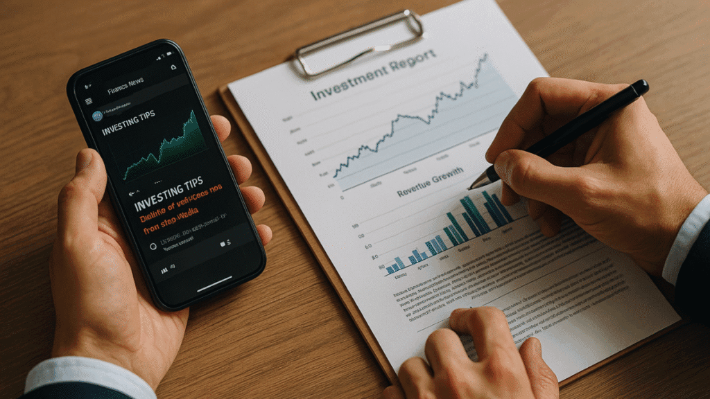 Investidor analisando relatório de investimentos enquanto segura celular com dicas financeiras