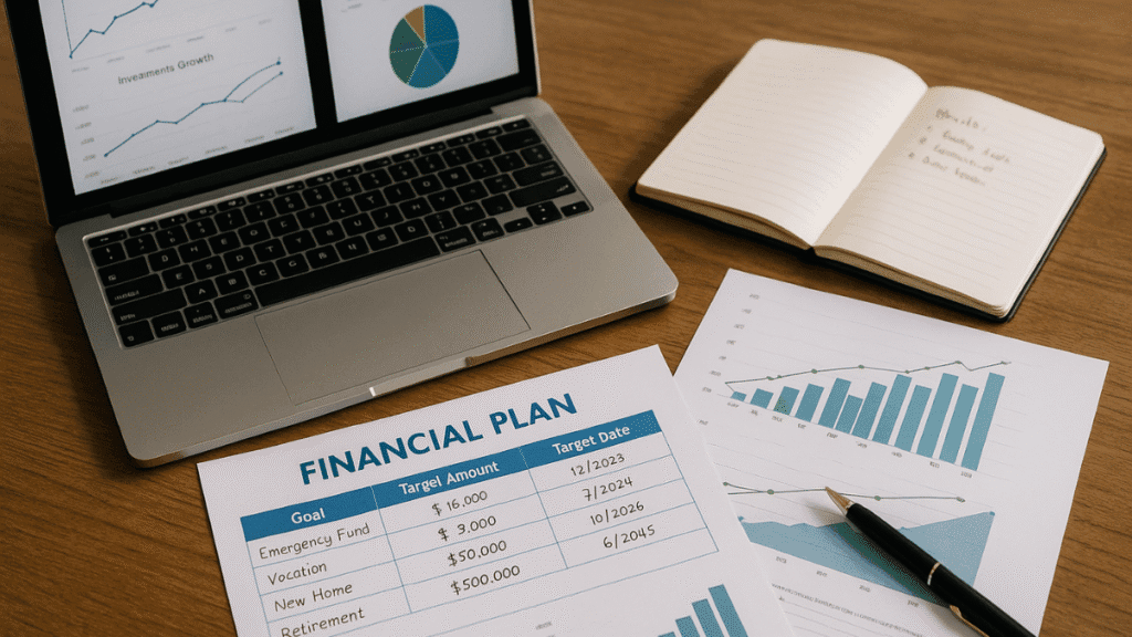 Mesa de trabalho com laptop exibindo gráficos, planilha de plano financeiro e caderno de metas