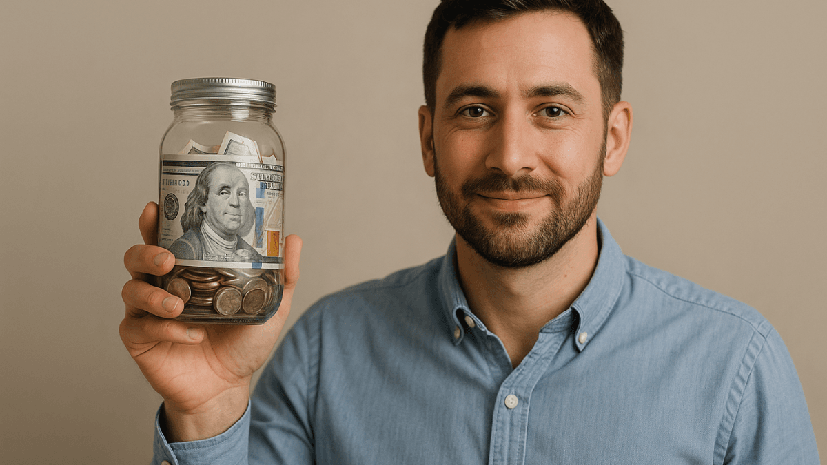 Homem sorridente segurando um pote de vidro cheio de moedas e notas de dólar.