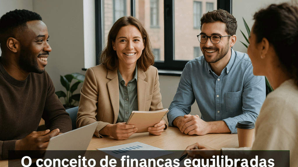 Grupo de profissionais sorridentes em reunião, representando finanças equilibradas e cooperação.