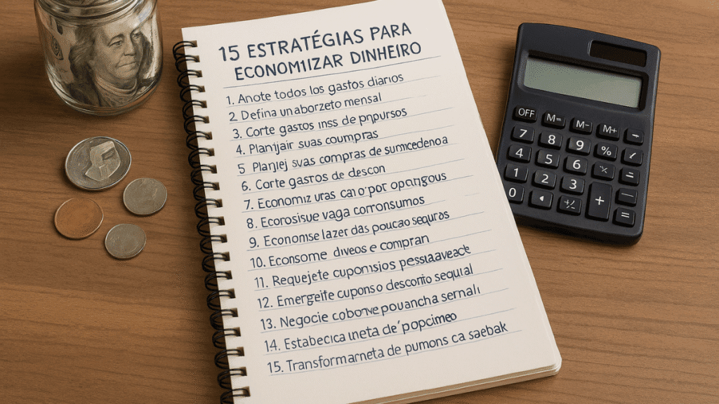 Caderno com lista de estratégias financeiras, ao lado de jarro com dinheiro, moedas e calculadora.