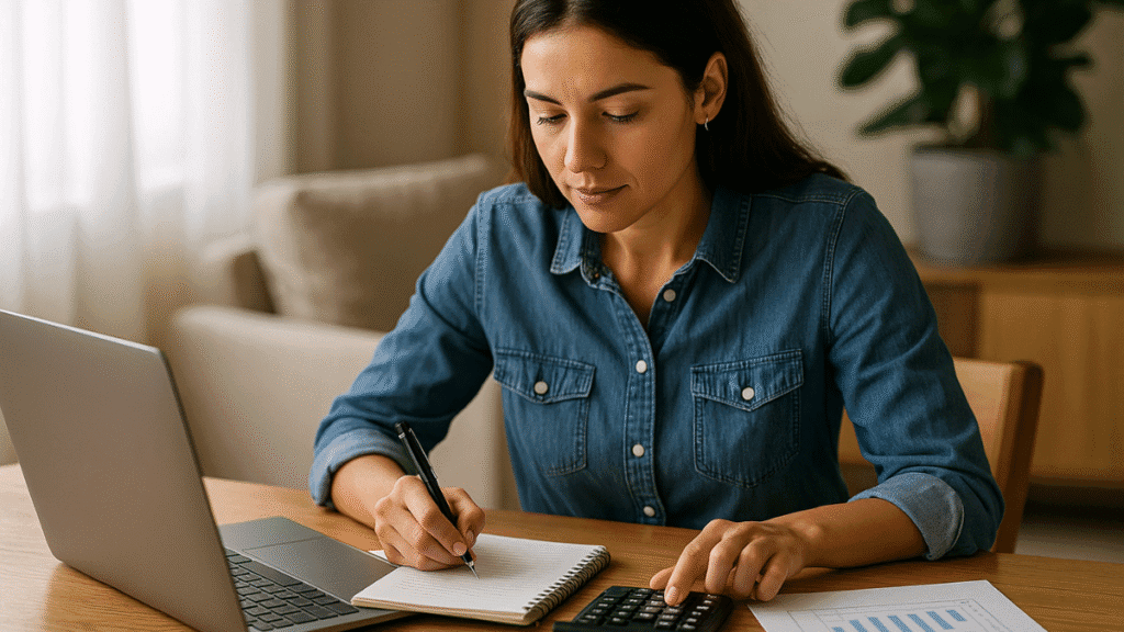 Mulher jovem analisando gráficos no laptop, escrevendo em caderno e usando calculadora em ambiente iluminado.