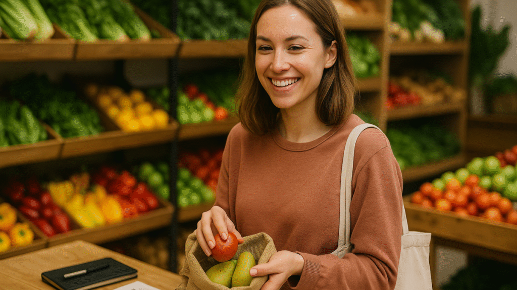 Mulher sorridente escolhendo frutas em mercado de orgânicos com sacola reutilizável.