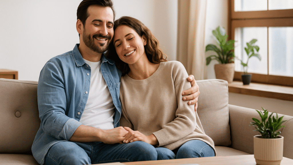 Casal sorridente relaxando em sofá de sala iluminada, transmitindo bem-estar e harmonia.