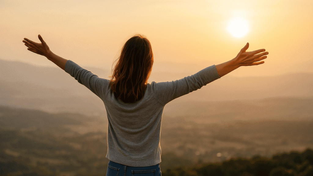 Mulher de braços abertos apreciando o pôr do sol em paisagem montanhosa, simbolizando liberdade e equilíbrio.
