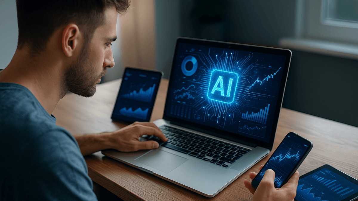 Homem utilizando laptop, smartphone e tablet com gráficos digitais e símbolos de inteligência artificial.