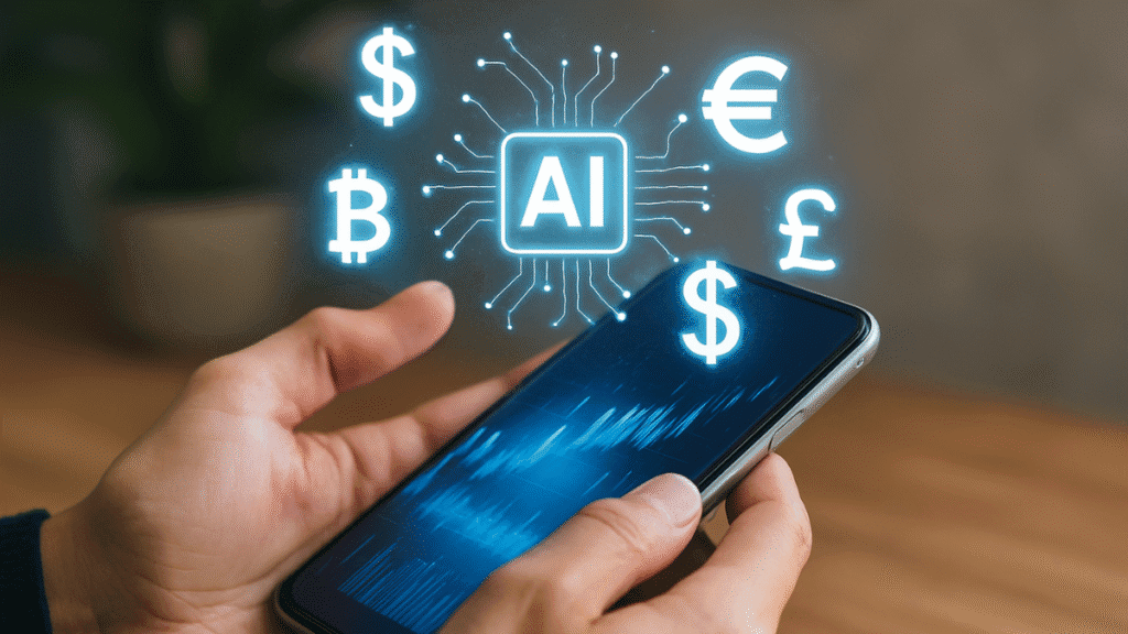 Mãos segurando smartphone com hologramas de moedas digitais e ícone de inteligência artificial flutuando.