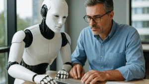 Homem de meia-idade trabalhando ao lado de um robô humanoide em frente a um notebook.