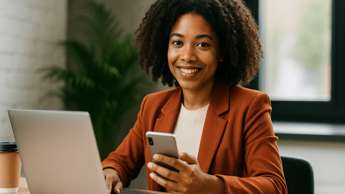Mulher sorridente trabalhando em laptop e usando smartphone em ambiente iluminado e aconchegante.
