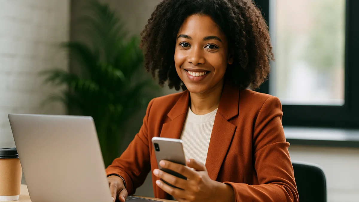 Mulher sorridente trabalhando em laptop e usando smartphone em ambiente iluminado e aconchegante.