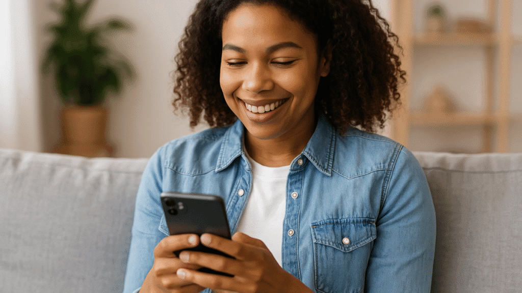 Mulher jovem sorridente usando celular enquanto planeja fontes de renda passiva.
