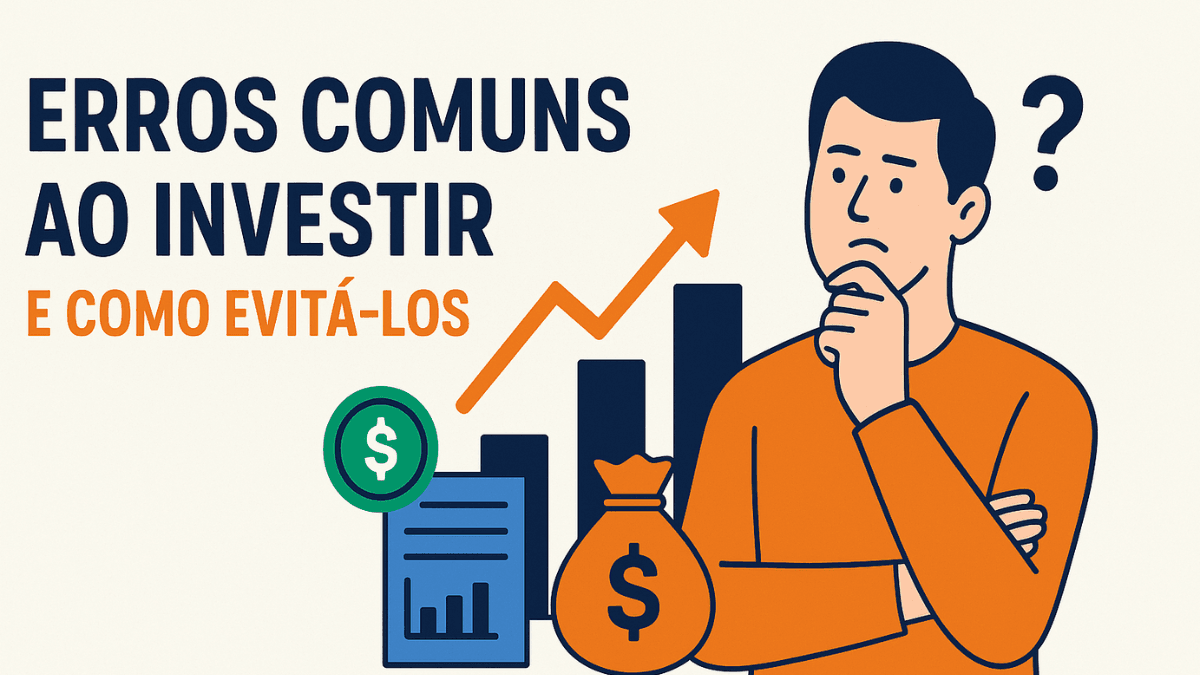 Ilustração de um investidor iniciante pensativo ao lado de gráficos financeiros, símbolo de dinheiro e seta de crescimento.