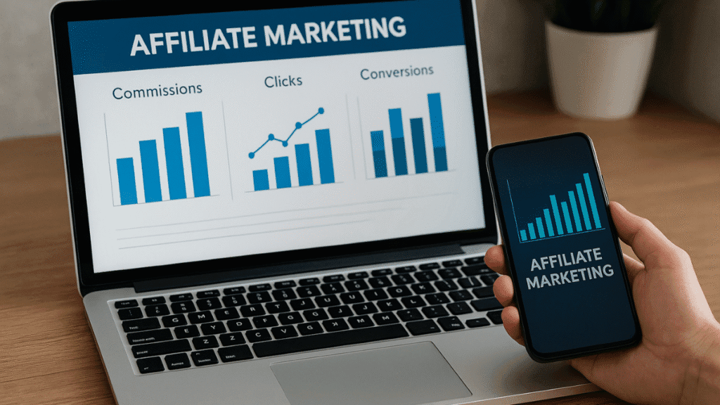 Laptop exibindo gráficos de comissões e conversões de afiliados ao lado de smartphone com relatório de marketing