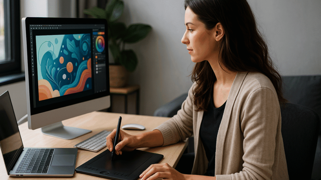 Mulher usando mesa digitalizadora e monitor para criar design gráfico online