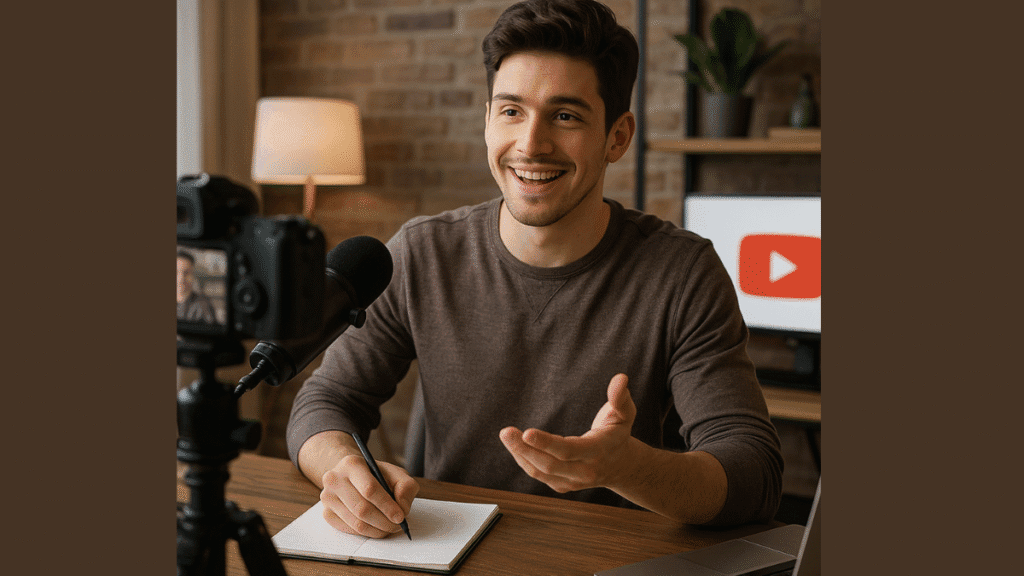 Jovem sorridente gravando vídeo para YouTube com câmera, microfone e laptop em estúdio caseiro