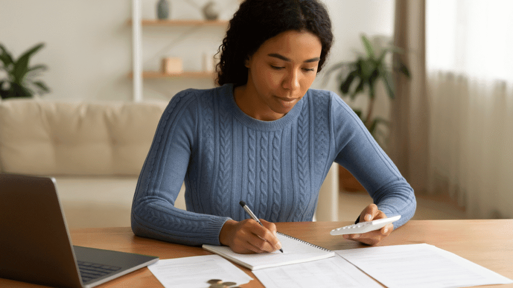 Mulher jovem sorridente anotando passos de investimento em caderno, com notebook ao lado
