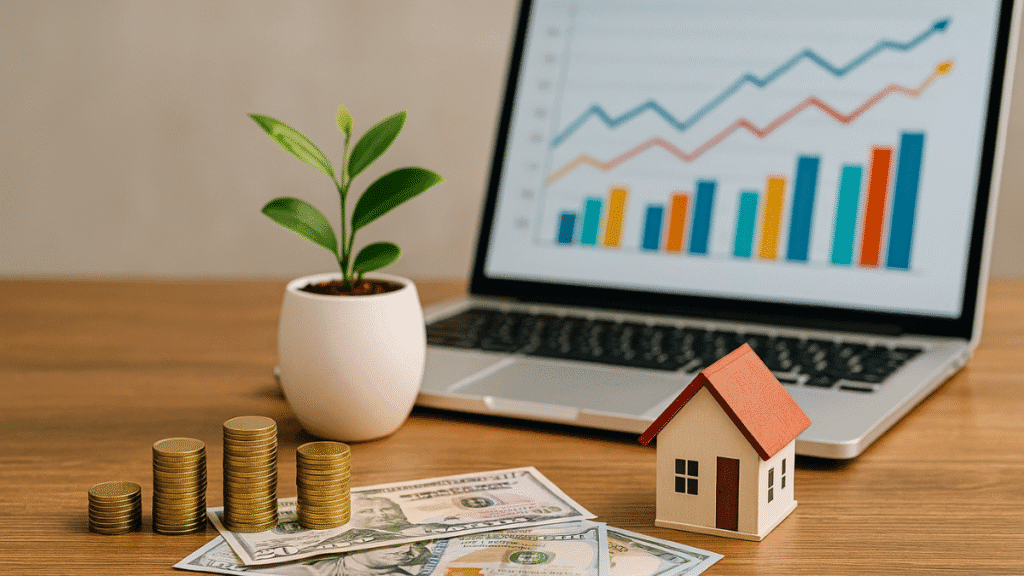 Mesa de escritório com moedas, notas, gráfico em notebook e miniatura de casa representando investimentos