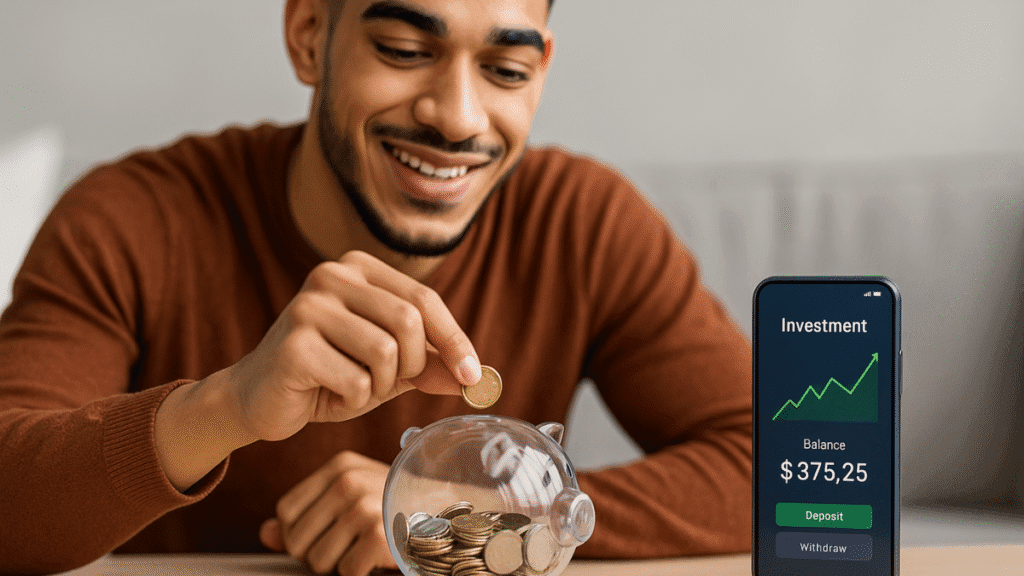 Jovem colocando moedas em cofrinho transparente ao lado de celular com aplicativo de investimentos