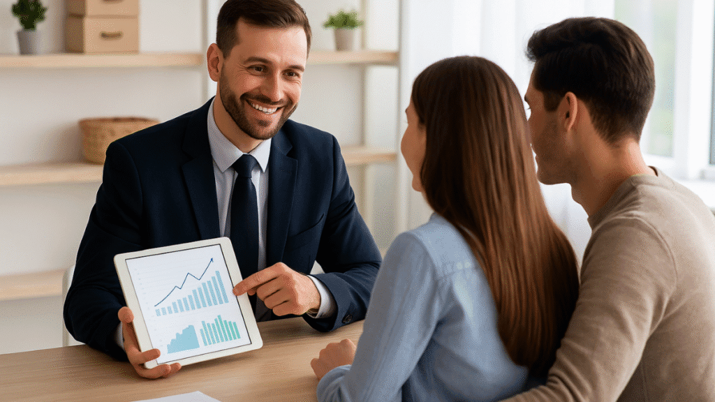 Consultor financeiro mostrando gráficos de crescimento em tablet para casal jovem