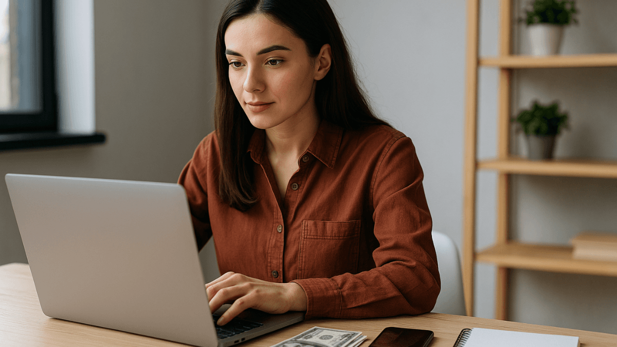 Mulher usando notebook em casa com dinheiro e smartphone sobre a mesa, representando negócios online que funcionam