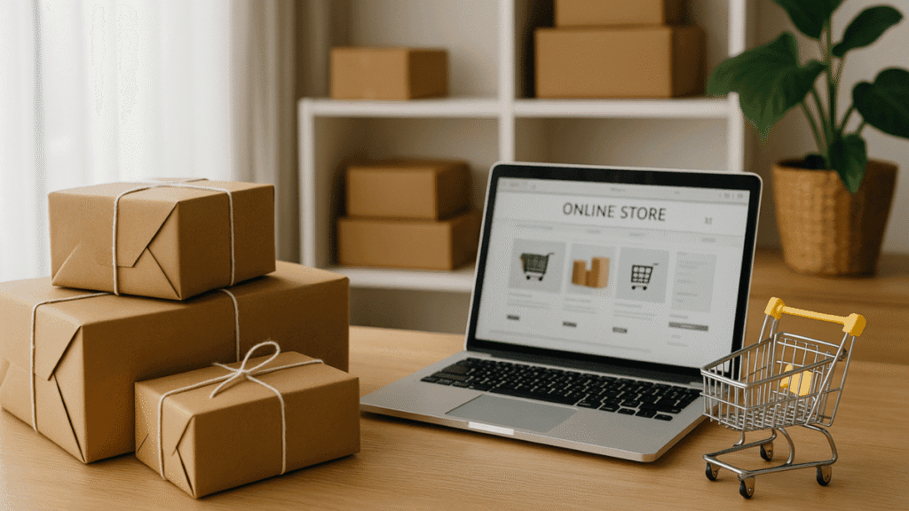 Pacotes prontos para envio ao lado de um laptop com loja virtual aberta