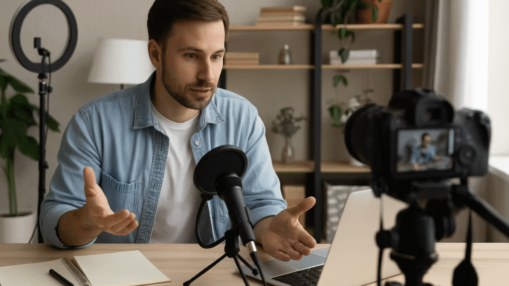 Homem gravando vídeo aula com microfone e câmera em setup caseiro