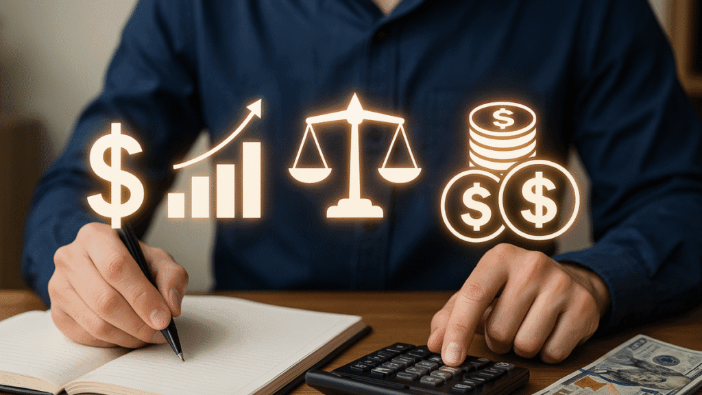 Pessoa escrevendo em caderno de finanças enquanto usa calculadora, com ícones digitais de dinheiro, gráficos e balança de equilíbrio.