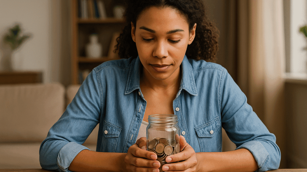 Jovem segurando pote de moedas em casa, refletindo sobre oportunidades de negócios digitais.