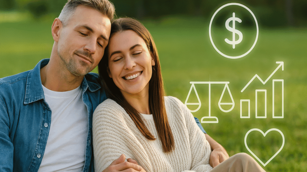 Casal sorridente relaxando em área verde, transmitindo equilíbrio, prosperidade e bem-estar.