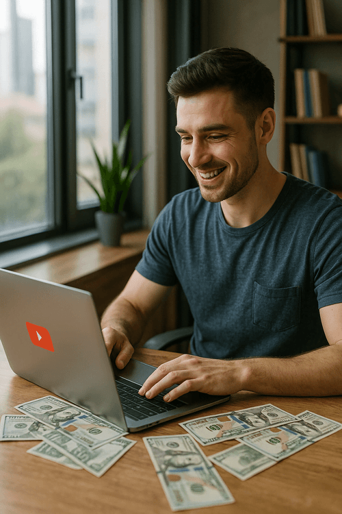 Homem criando conteúdo para YouTube e Instagram com auxílio de ferramentas de IA em um ambiente moderno.