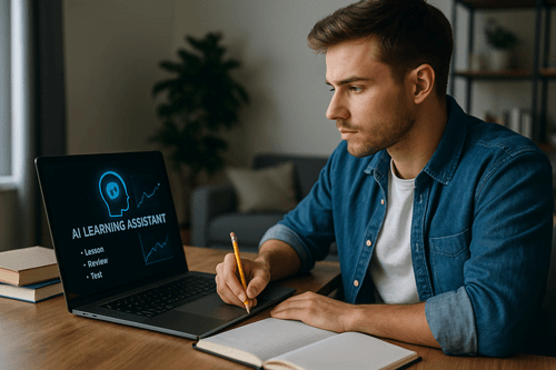 Homem estudando com auxílio de ferramenta de inteligência artificial no notebook, representando aprendizado acelerado.