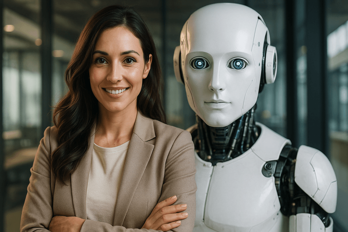 Mulher sorrindo ao lado de um robô futurista em escritório moderno, representando o uso de IA no dia a dia.