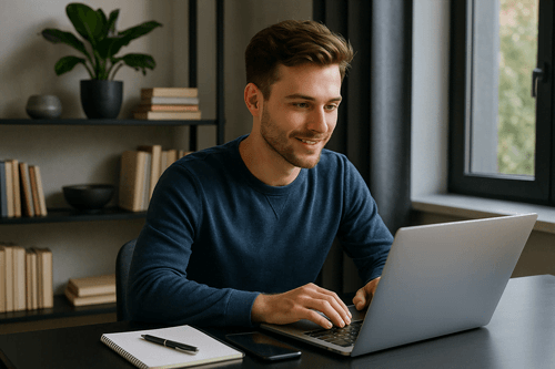 Homem sorrindo ao ver resultados positivos no notebook após usar tarefas que a IA faz no dia a dia.