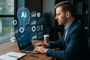 Homem trabalhando no notebook com gráficos e interface de inteligência artificial para aumentar produtividade digital.