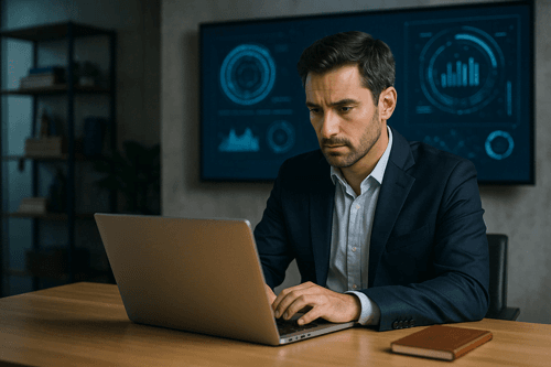 Homem jovem trabalhando no notebook em um escritório moderno com gráficos digitais ao fundo.