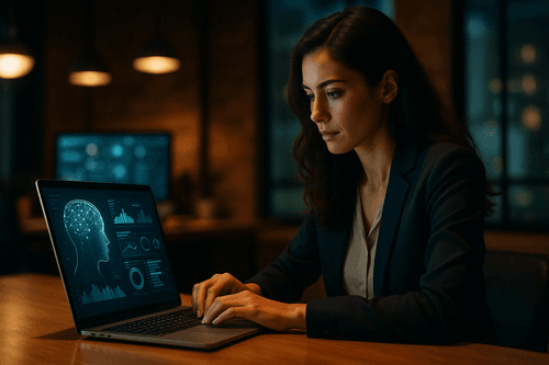Mulher trabalhando no notebook em um escritório moderno com gráficos de IA na tela.