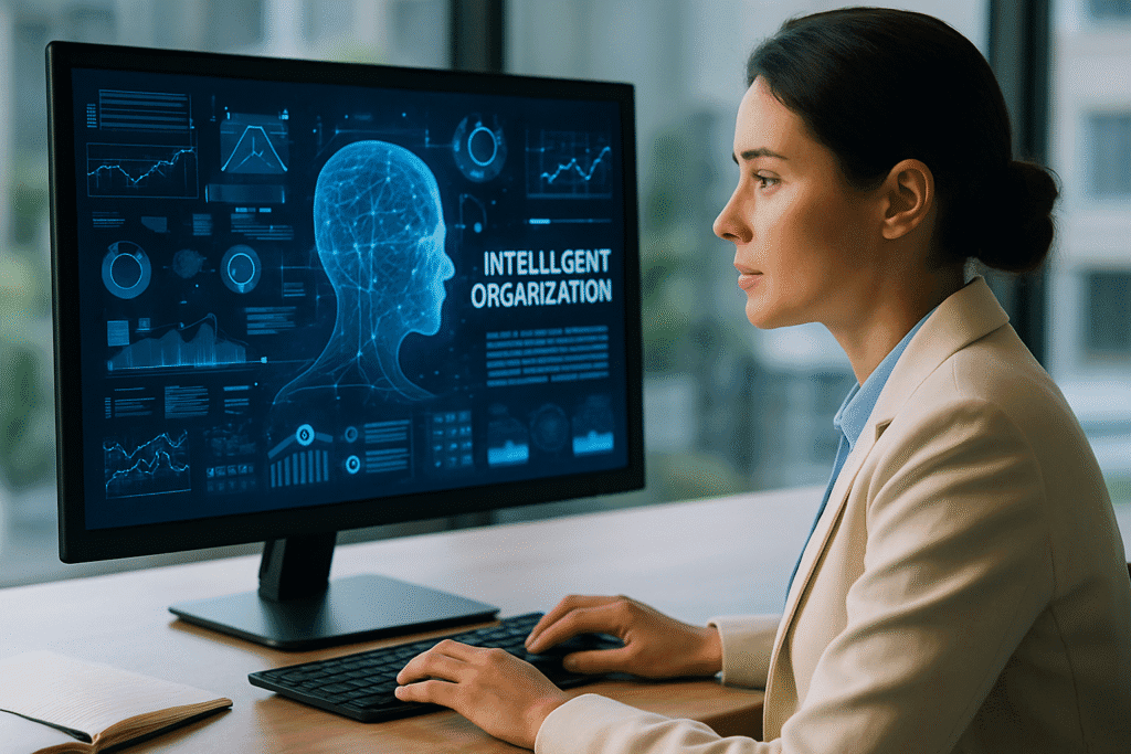 Mulher analisando uma interface futurista que representa organização inteligente através das tarefas que a IA faz.