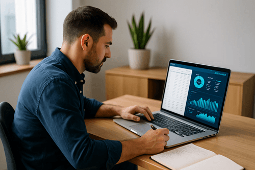 Homem analisando gráficos financeiros no notebook com auxílio de inteligência artificial.