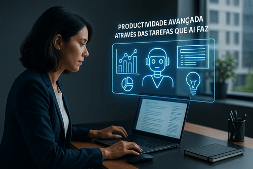 Mulher utilizando interface holográfica de inteligência artificial para aumentar produtividade no trabalho.