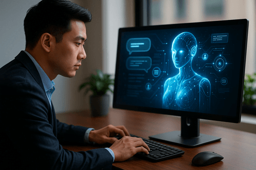 Homem utilizando IA em uma interface digital para melhorar comunicação e respostas automáticas.
