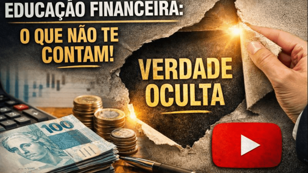 Imagem representa a verdade sobre educação financeira que não ensinam no YouTube, mostrando dinheiro, gráficos e uma revelação oculta por trás do conteúdo financeiro online