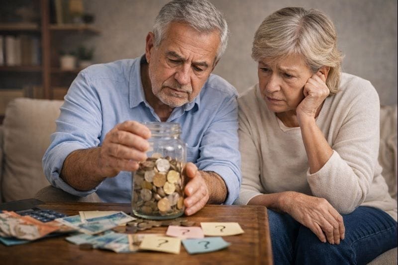 Casal idoso analisando moedas e dinheiro guardado, representando a falsa sensação de segurança ao manter dinheiro parado sem estratégia